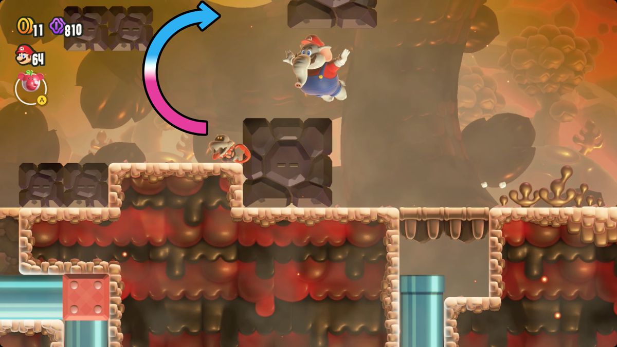 Super Mario Bros. Wonder Hot-Hot Hot! screenshot showing the route to a Wonder Seed.