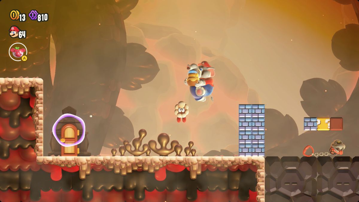 Super Mario Bros. Wonder Hot-Hot Hot! screenshot showing the route to a Wonder Seed.
