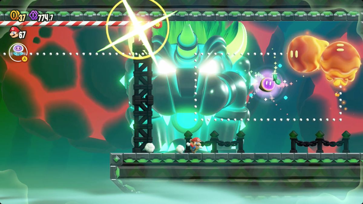 Super Mario Bros. Wonder Deep Magma Bog Flying Battleship screenshot showing the location of a Wonder Seed.