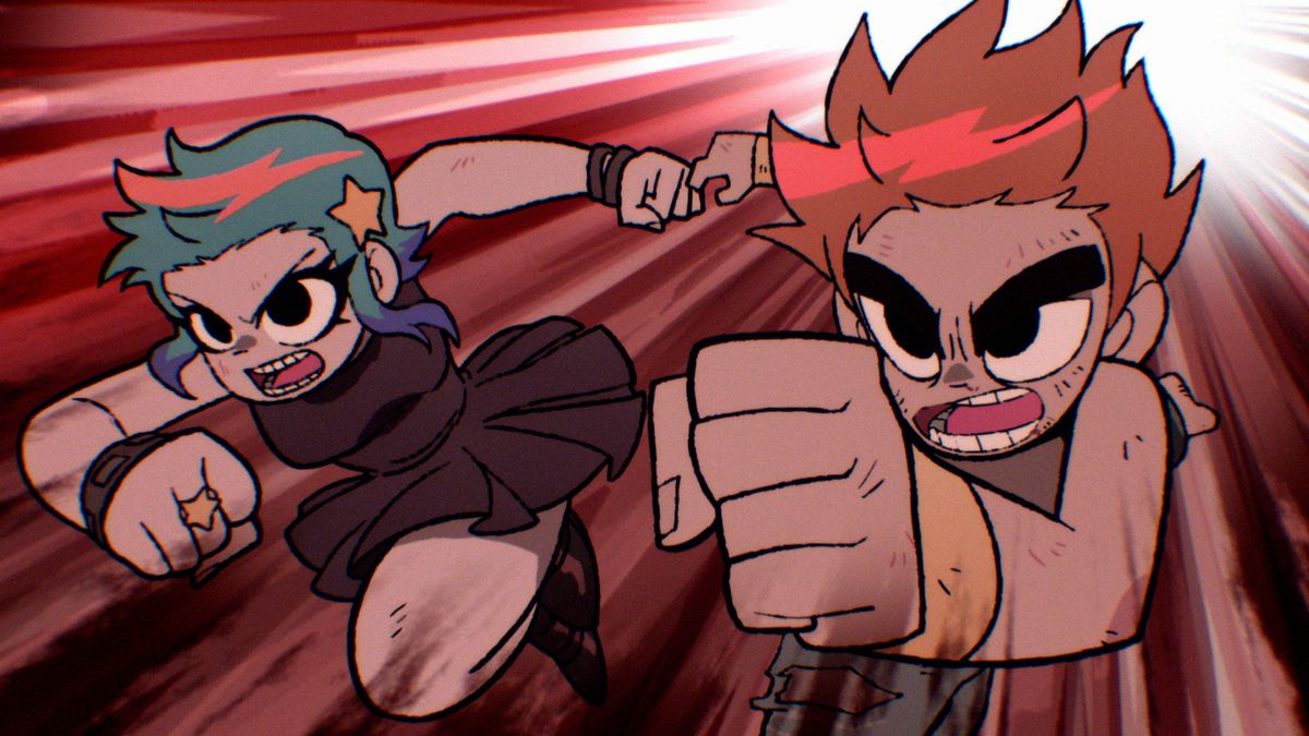 Ramona and Scott running getting ready to fight