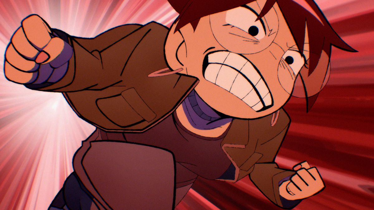 Julie running to charge up a punch, cartoon style