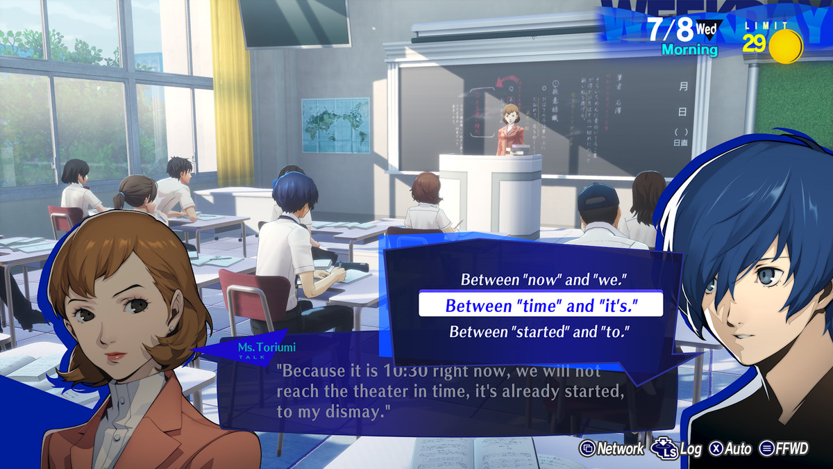 The Persona 3 Reload protagonist answers a classroom question