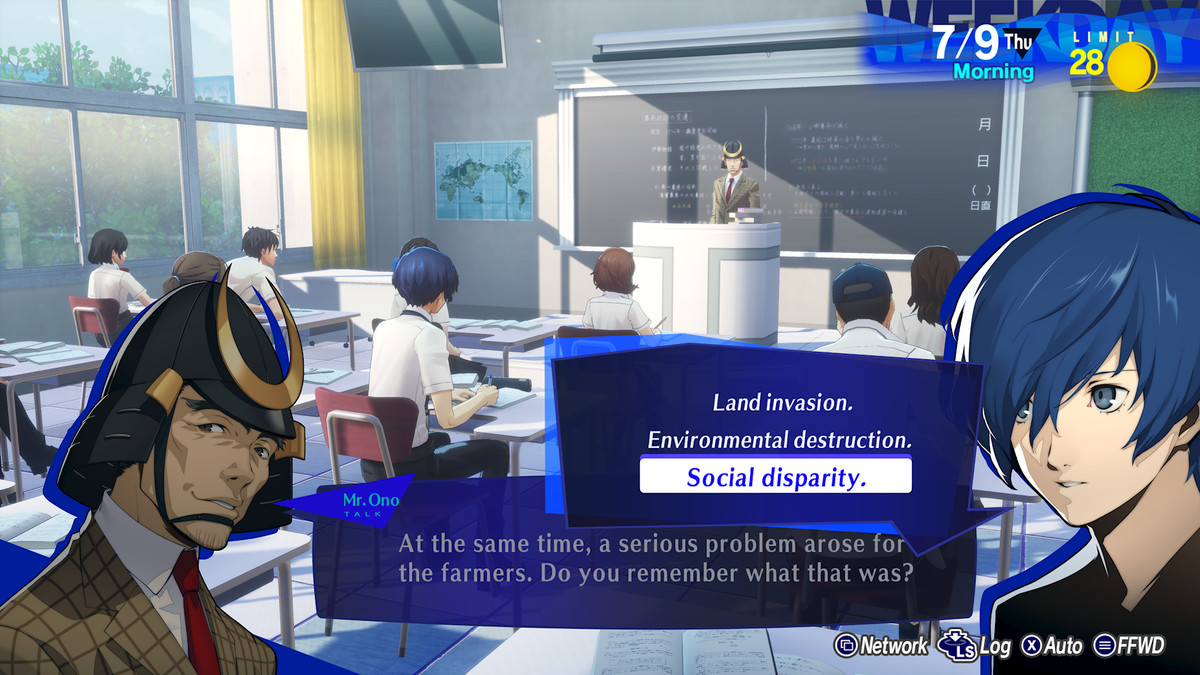 The Persona 3 Reload protagonist answers a classroom question