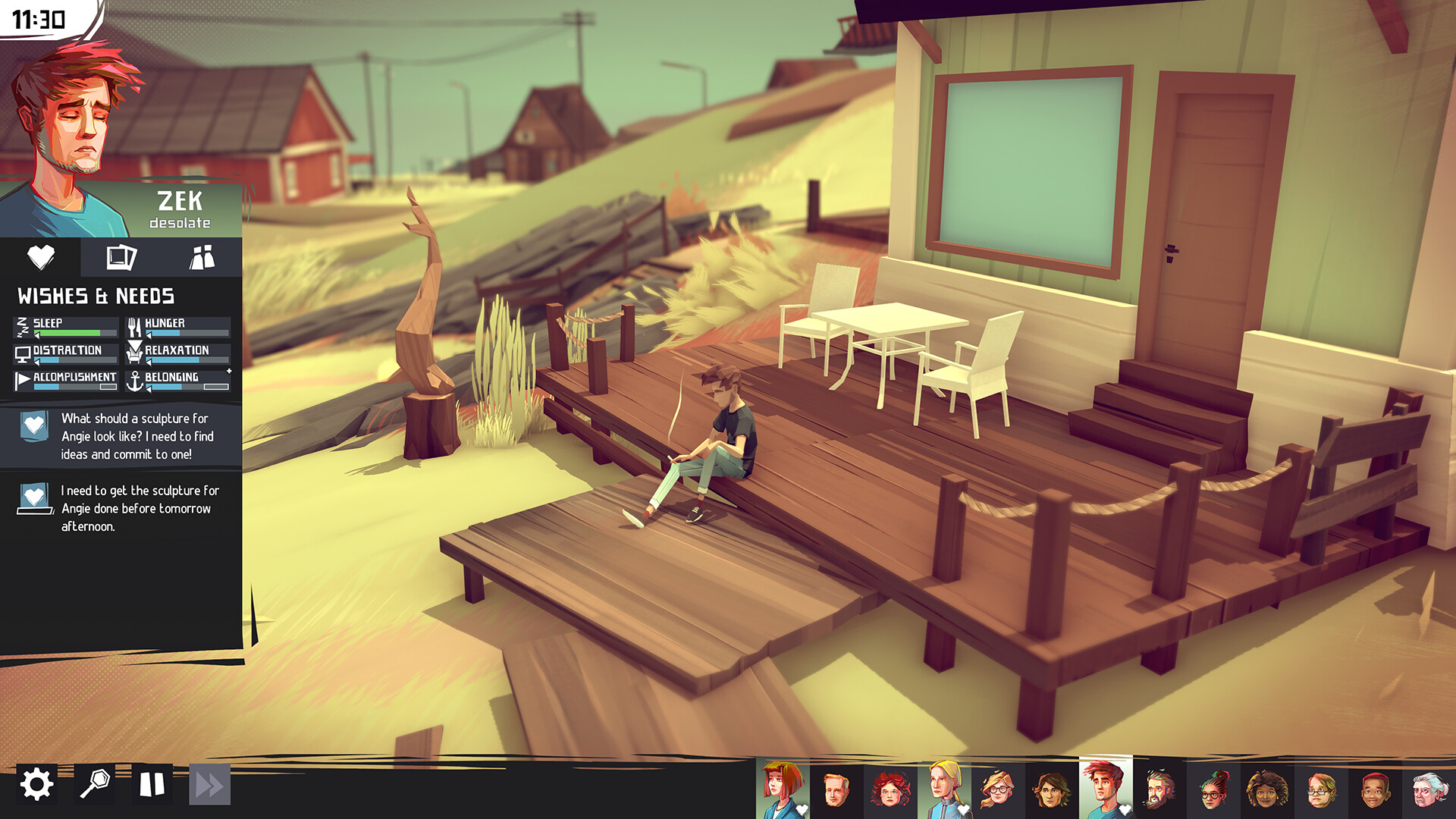 The character dashboard for Zek from Closer the Distance shows that he is desolate.
