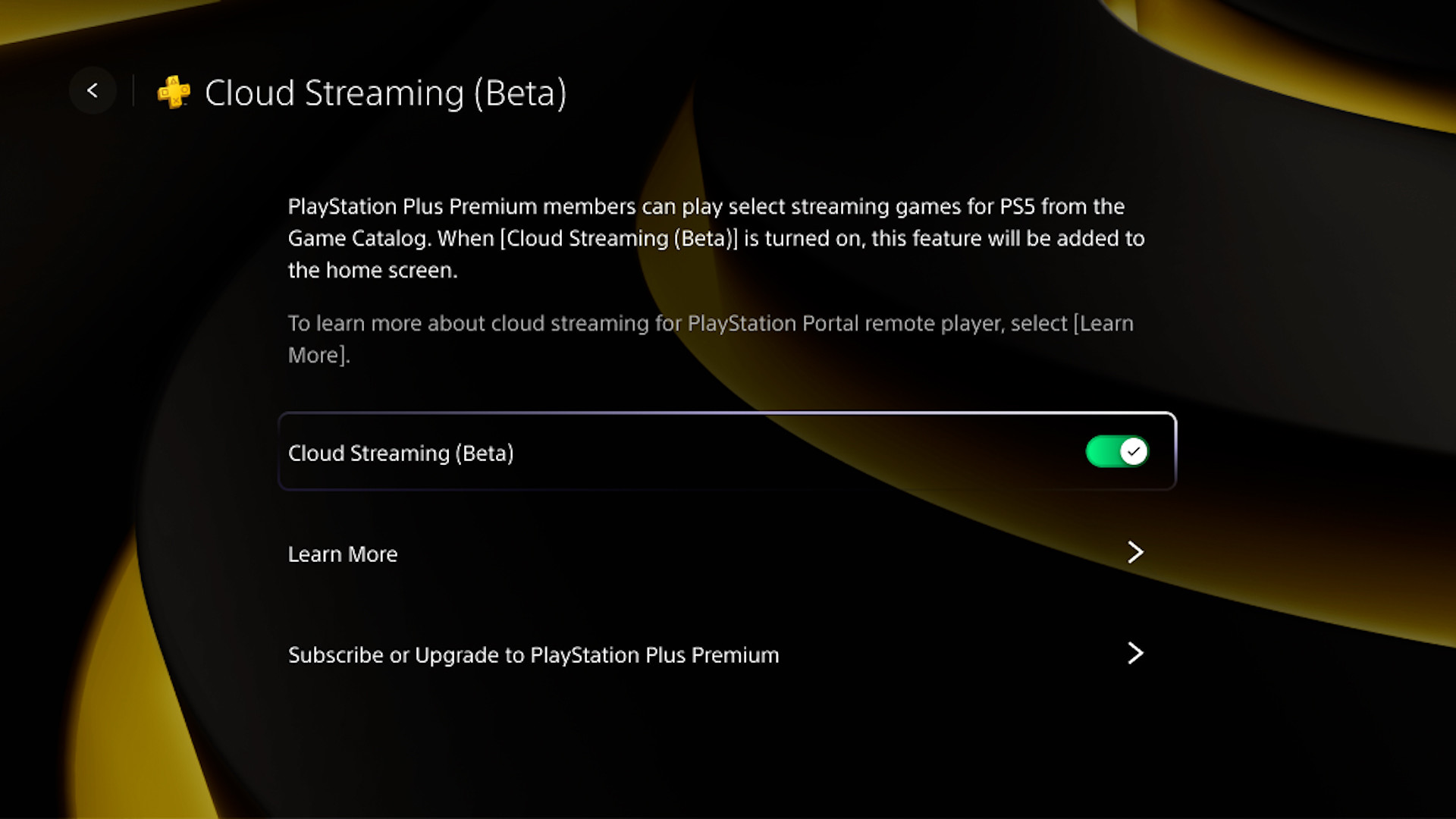 PS Portal UI screenshot showing the opt-in menu for cloud streaming beta