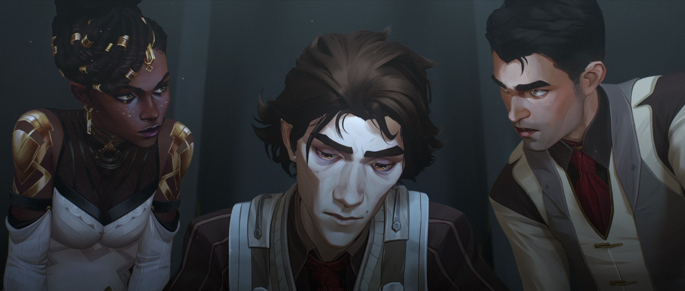 Arcane season 1 Viktor looking tired, sandwiched between Mel and Jayce as he deserves