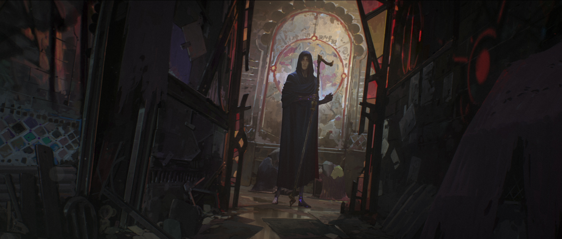 Viktor wandering the streets of Zaun in a cloak, illuminated by graffiti that looks like a rose window. From Arcane