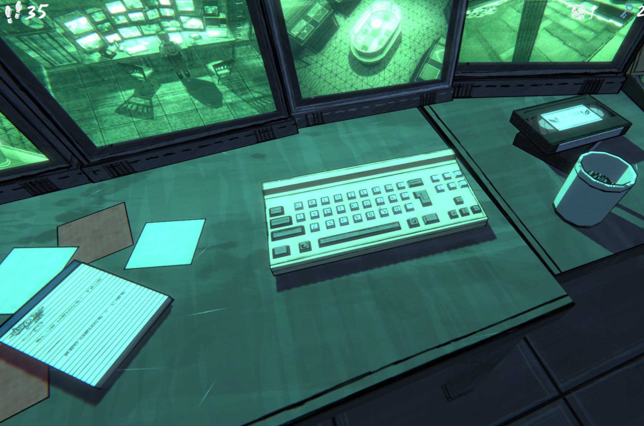 An image of a security desk in Blue Prince. There is a keyboard on it and pieces of paper.